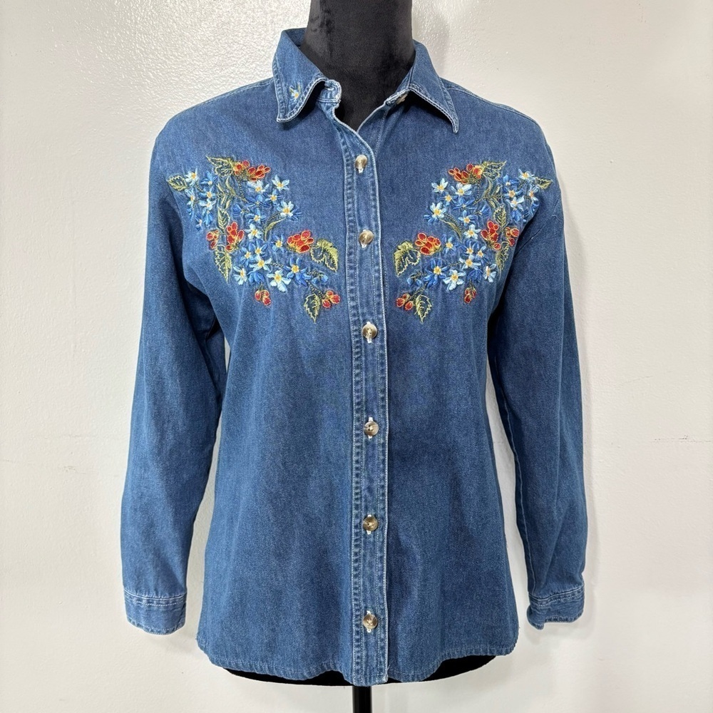 Vintage Lauren Brooks Boho Floral Embroidered Denim Button Down Top Size S